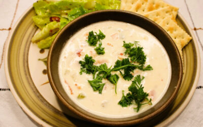 Clam Chowder with Green Salad and Soda Crackers